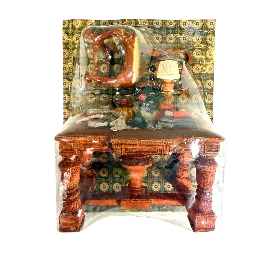 Vintage Miniature Library Desk Diorama Resin Figurine with‎ Chair and Books NIB